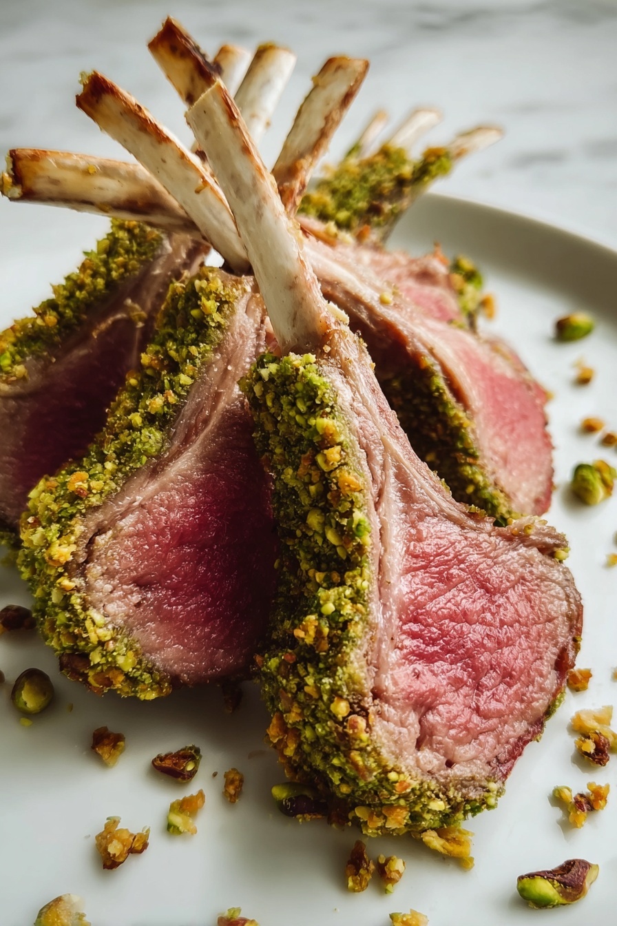 A rack of lamb with pistachio-crusted meat and herbs.