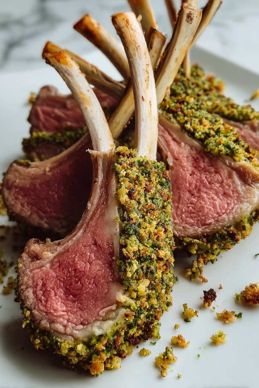 A rack of lamb with pistachio crust.