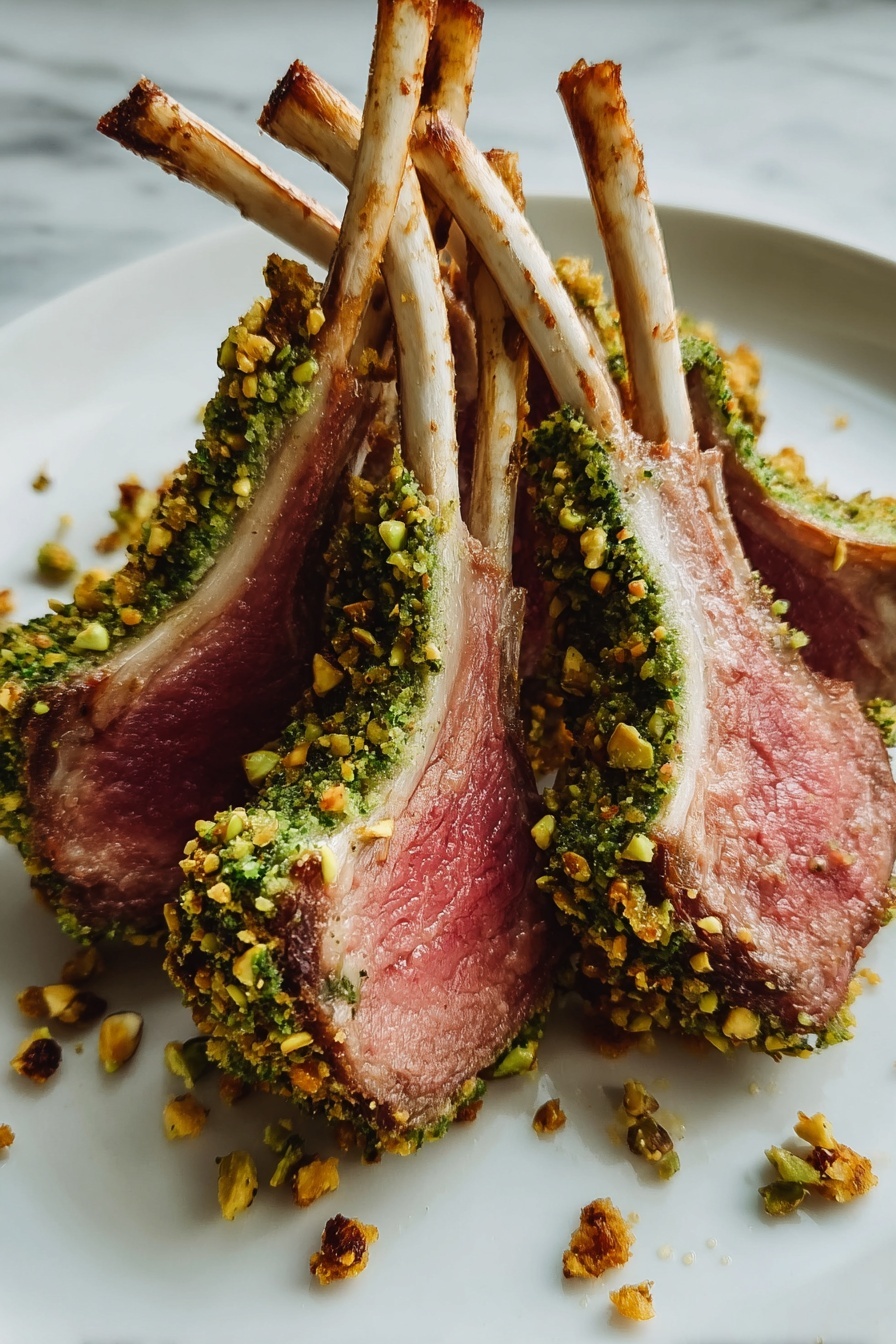 A plate of pistachio-crusted rack of lamb.