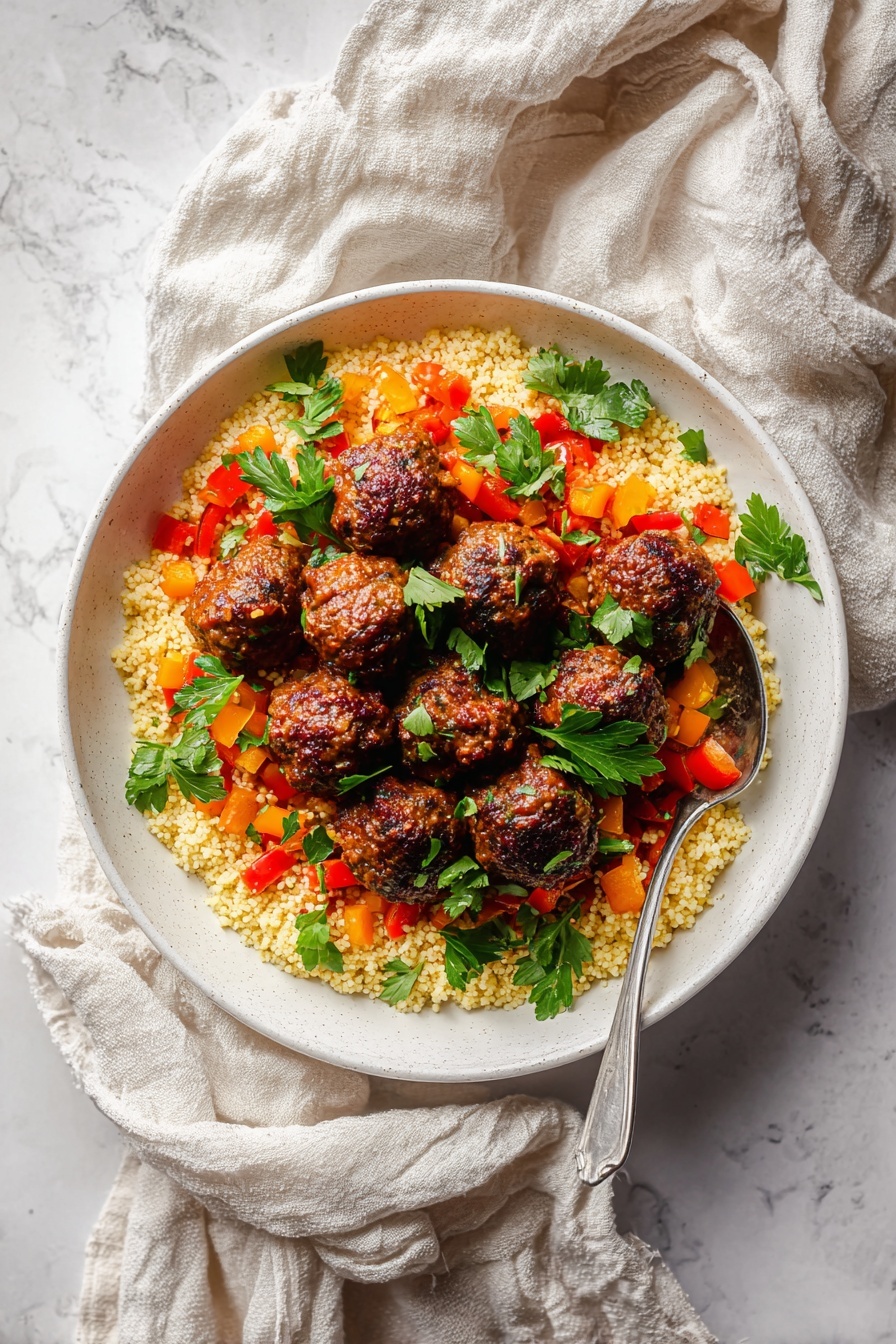 A bowl of Moroccan tagine with rice, vegetables, and meatballs.