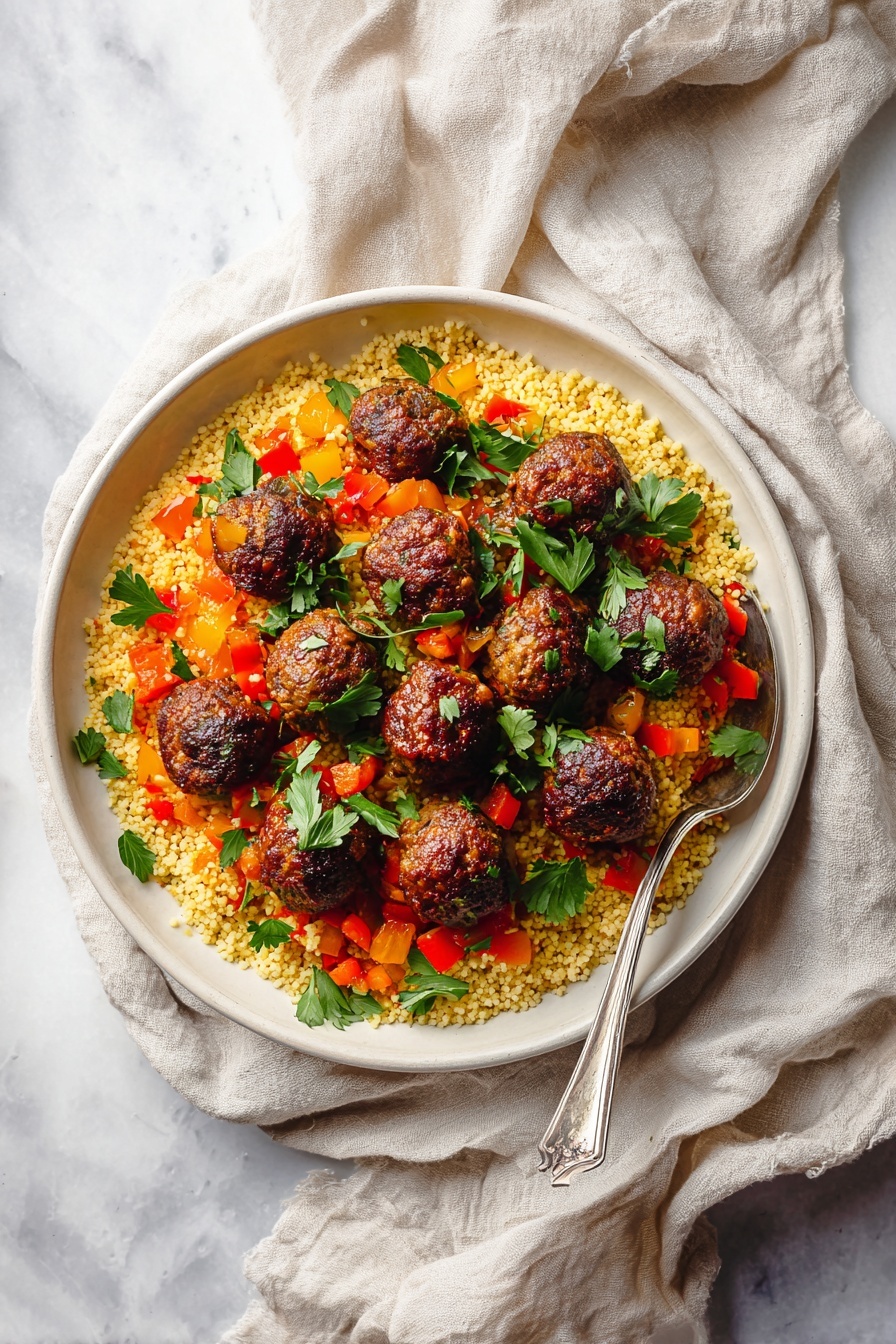 A bowl of Moroccan tagine with rice, vegetables, and meatballs.