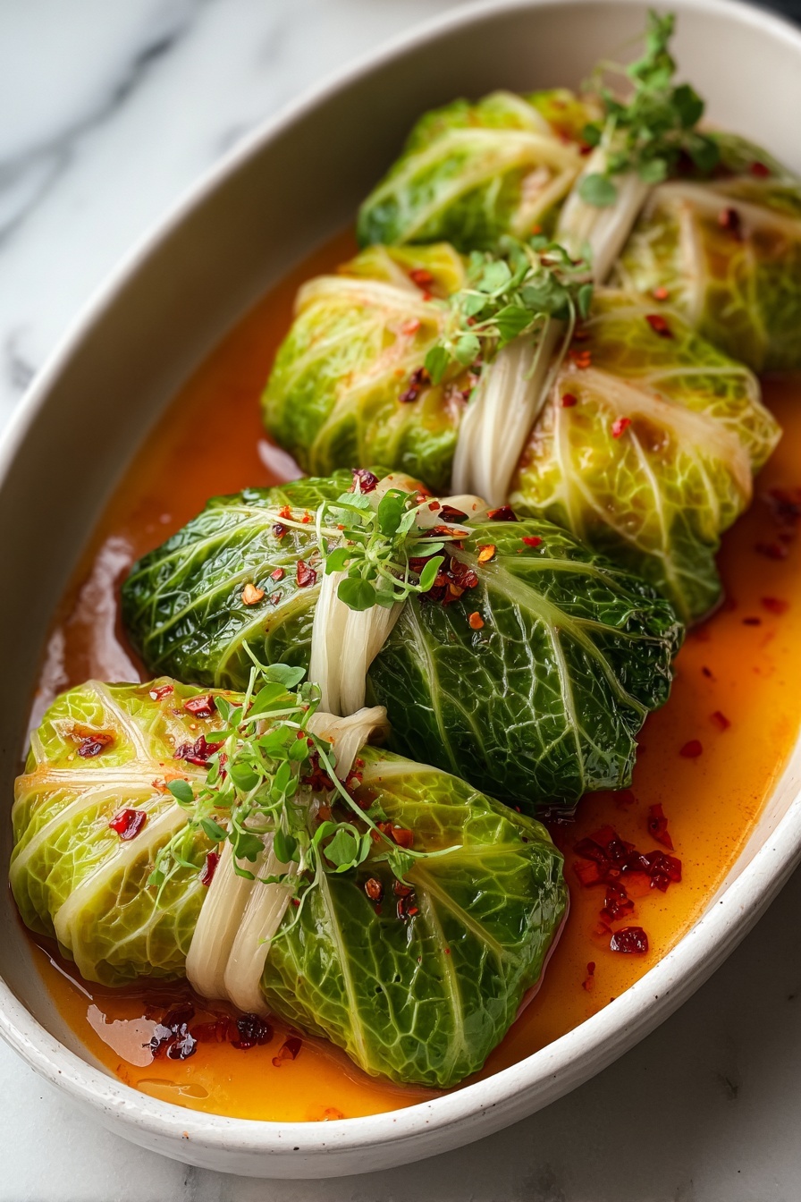 Stuffed cabbage rolls with red peppers and greens.