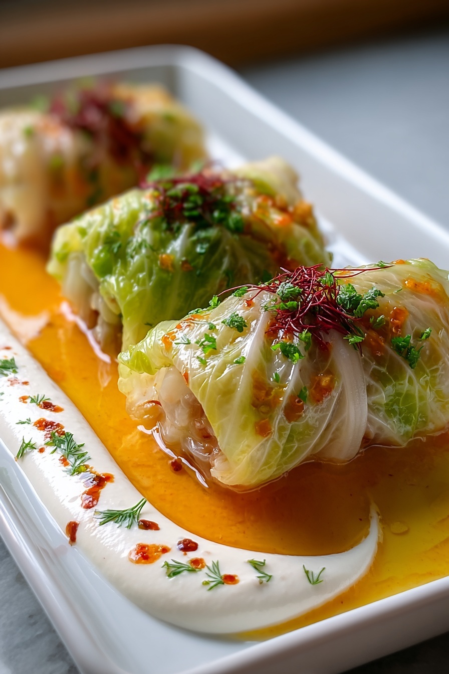 Stuffed cabbage rolls on a plate.