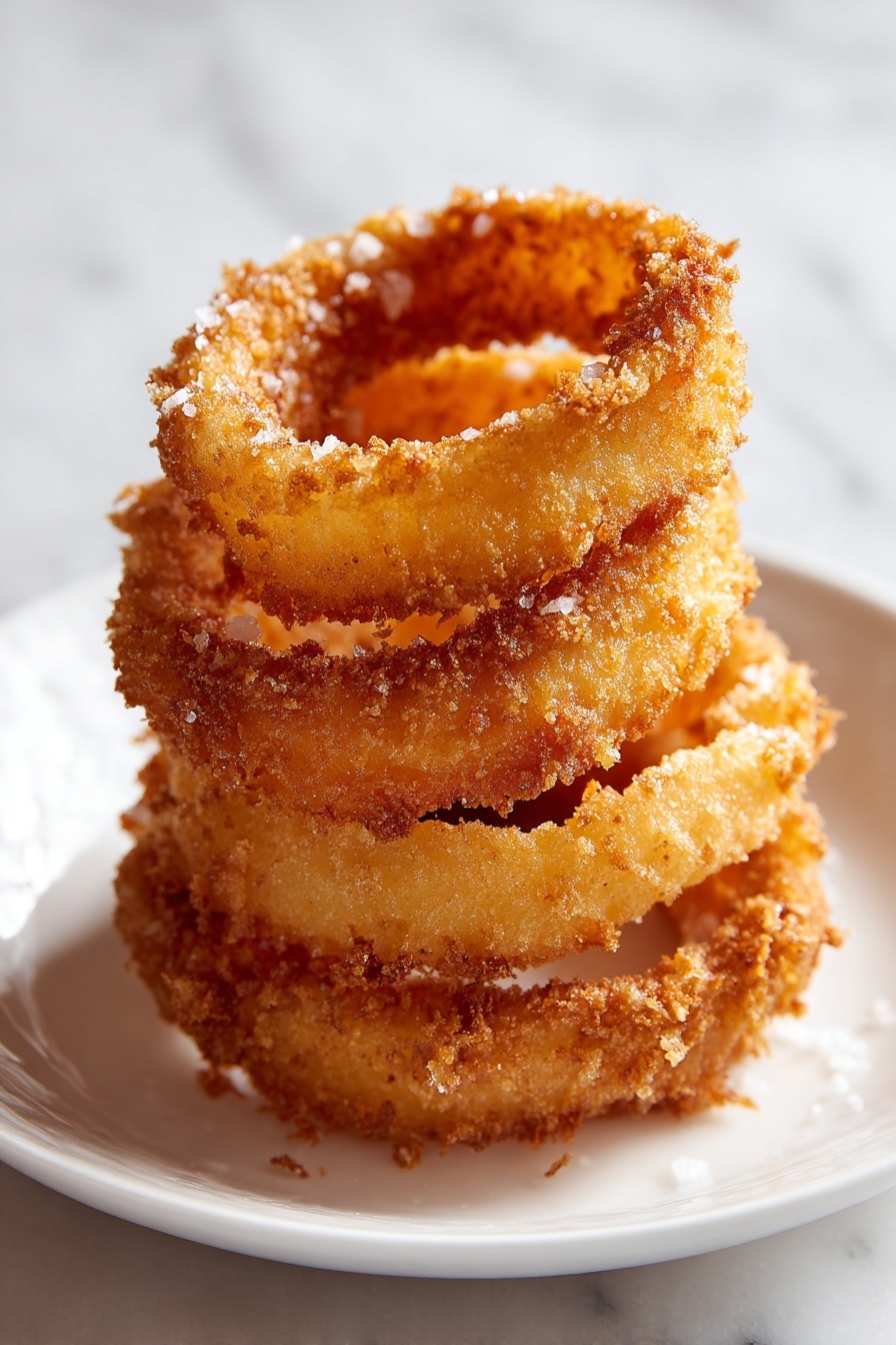 A stack of crispy homemade onion rings.