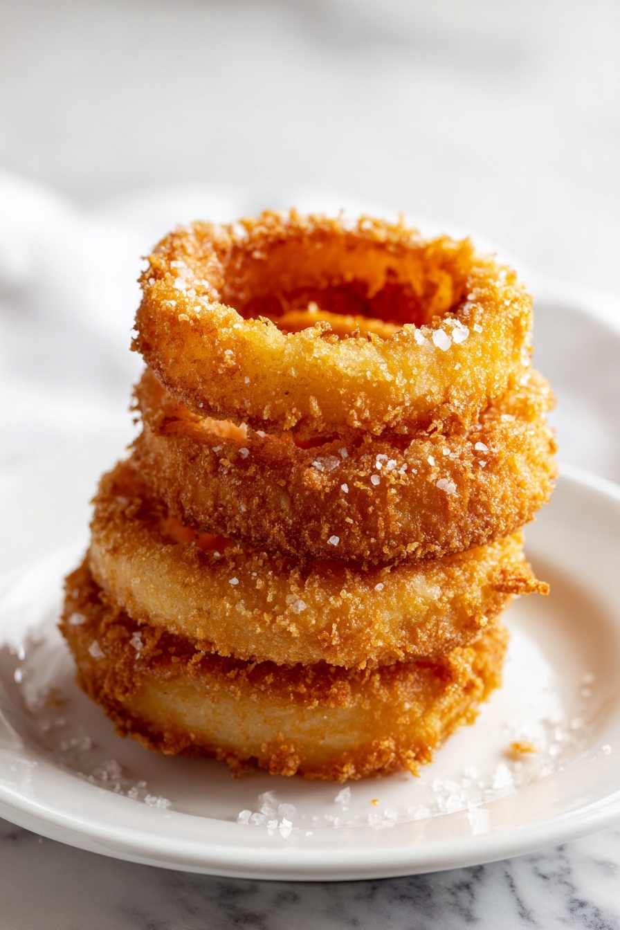 A stack of crispy homemade onion rings.