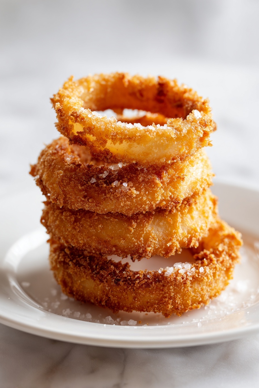 A stack of crispy homemade onion rings.