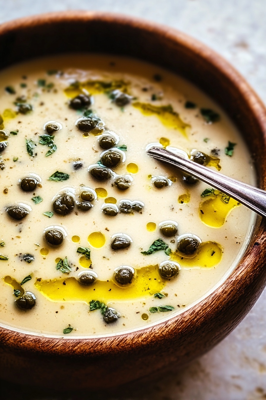 A bowl of soup with capers in it.
