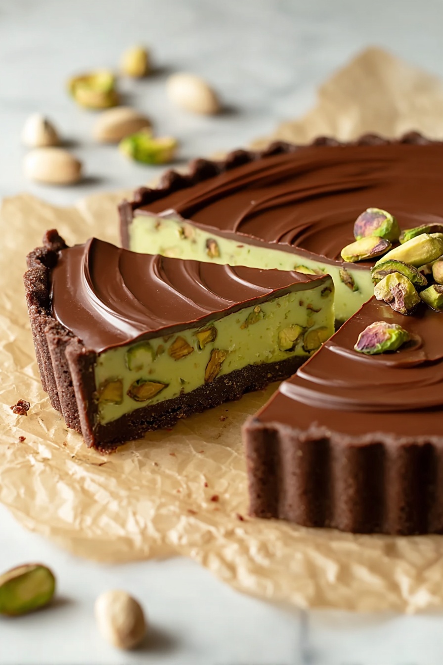 A slice of chocolate pistachio ganache tart.
