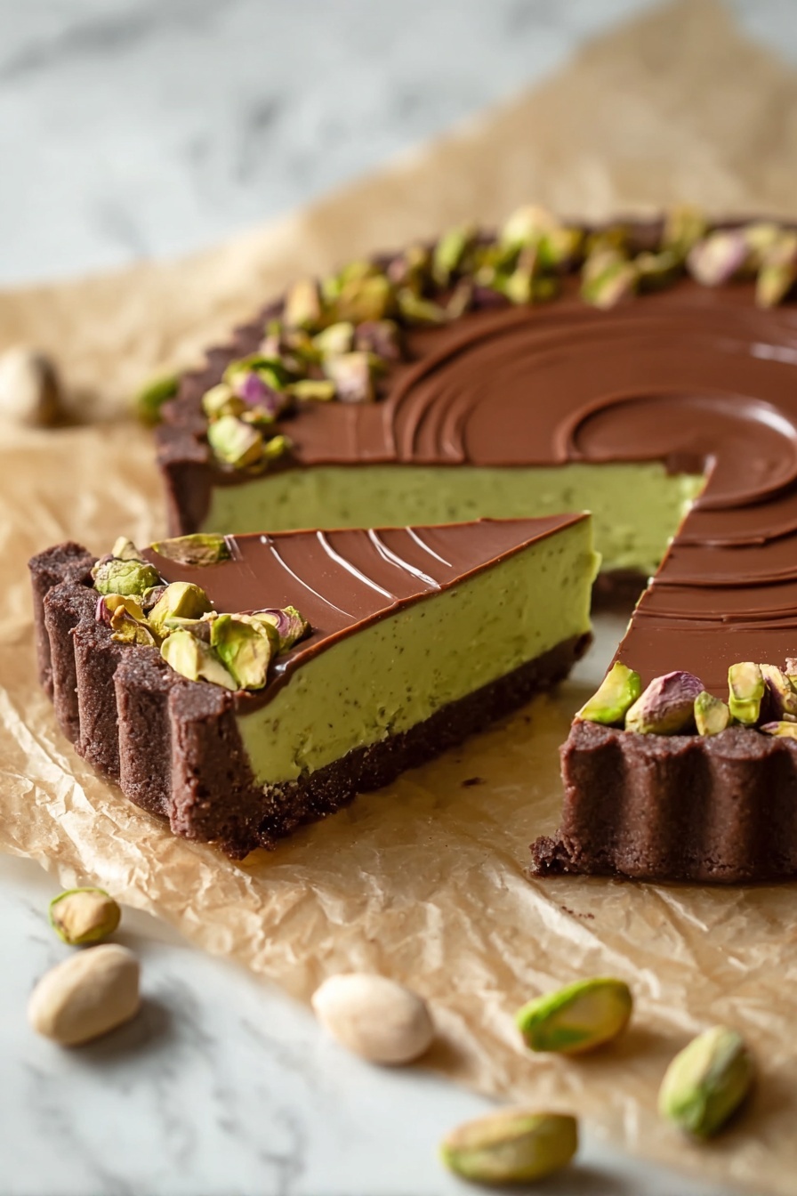 A slice of chocolate pistachio ganache tart.