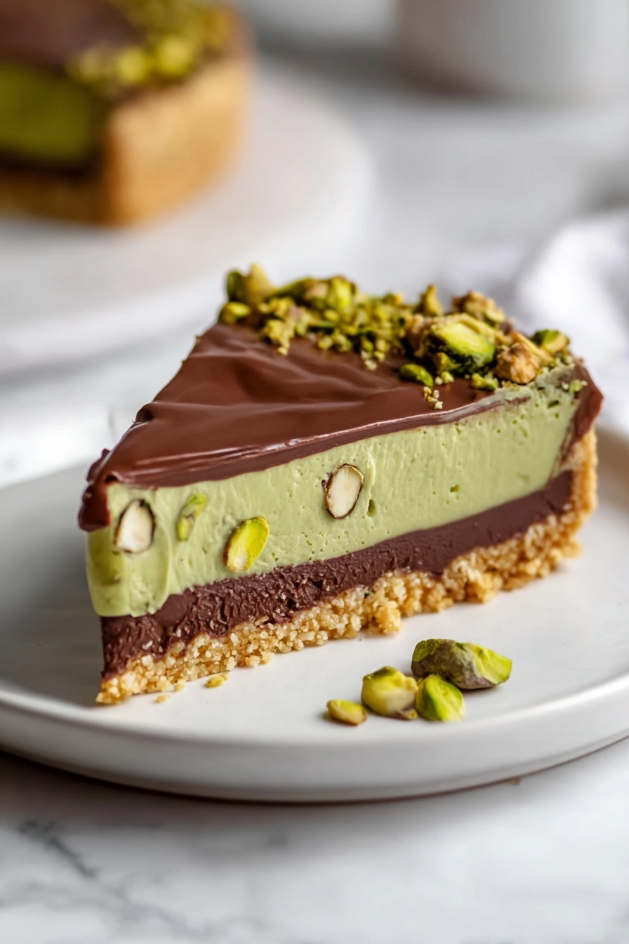 A slice of chocolate pistachio ganache tart.