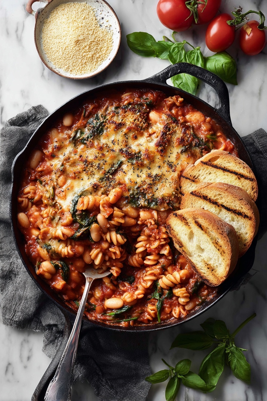 A skillet of Tuscan white bean casserole with bread.