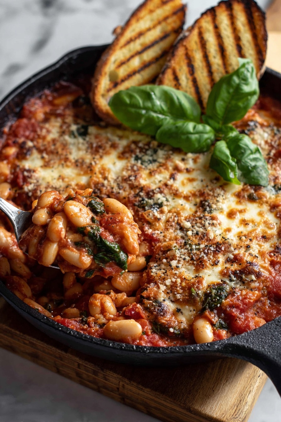 A skillet with a Tuscan White Bean Casserole.