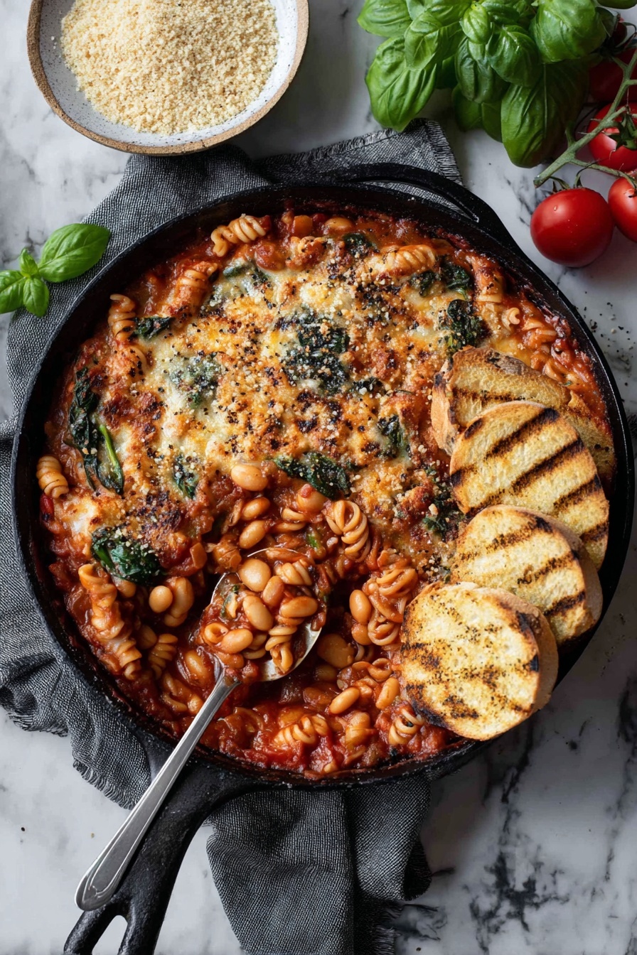 A skillet of Tuscan White Bean Casserole with bread.