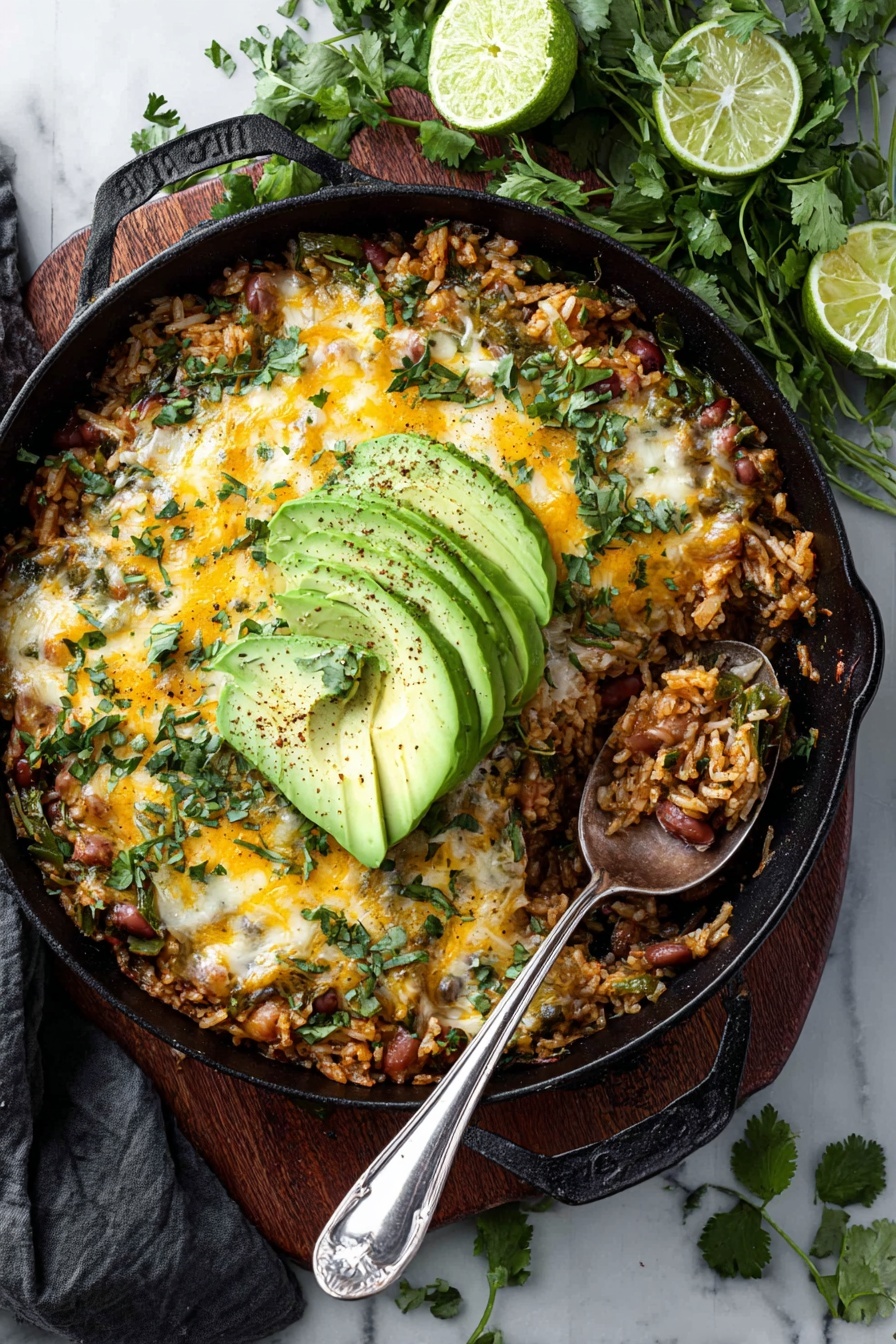 A bowl of food with rice, beans, and cheese.