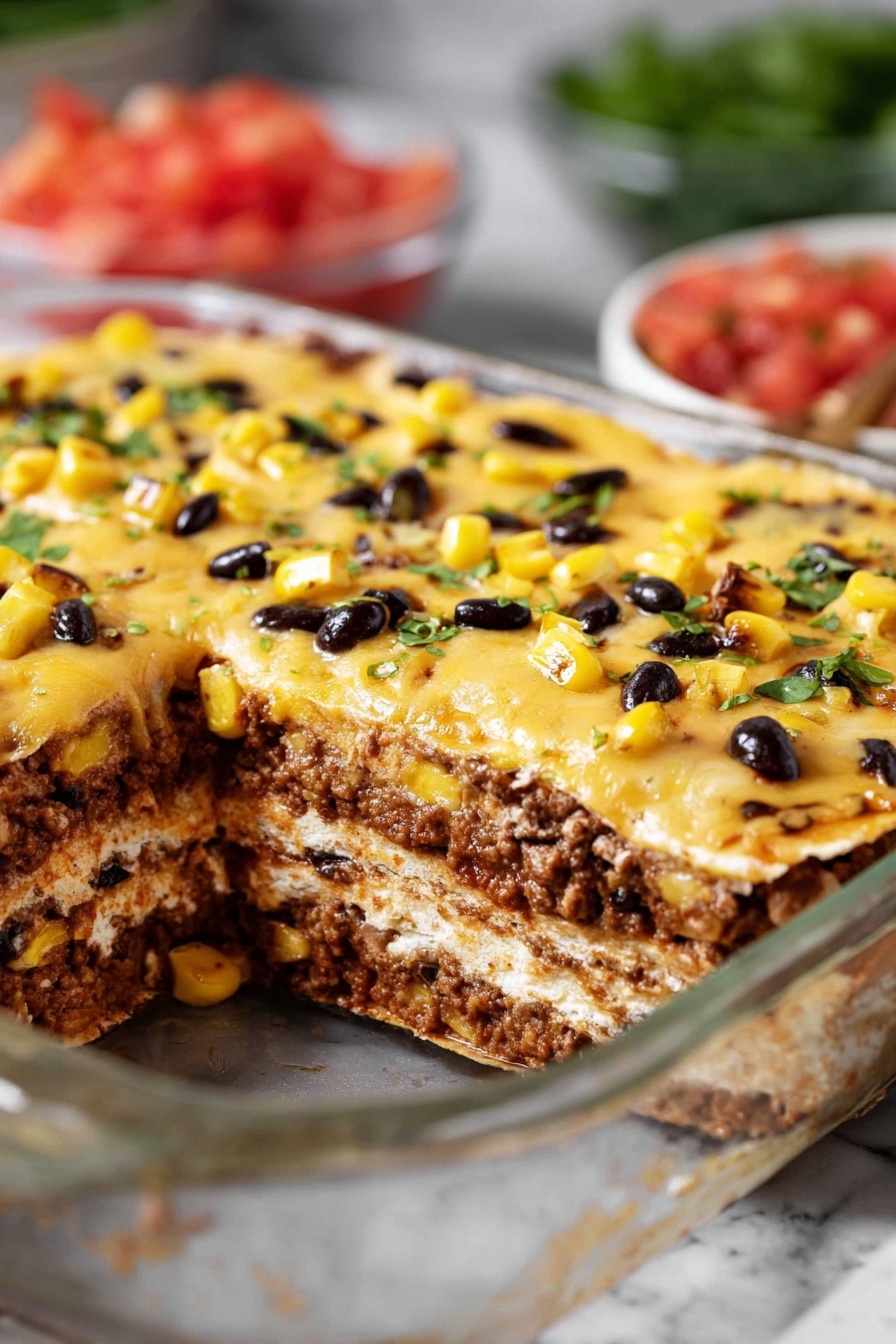 A casserole dish with a layer of corn and beans.