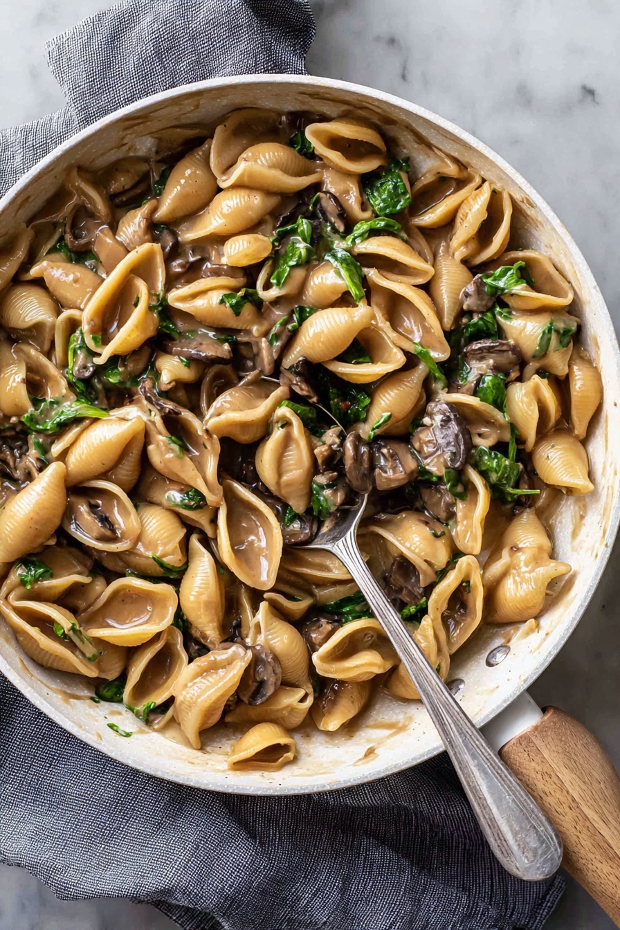 A bowl of creamy vegan mushroom pasta.