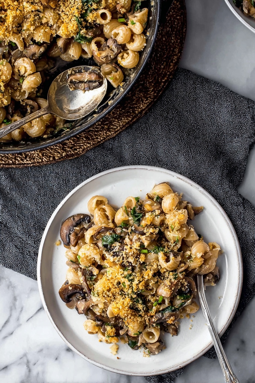 A plate of creamy vegan mushroom pasta.
