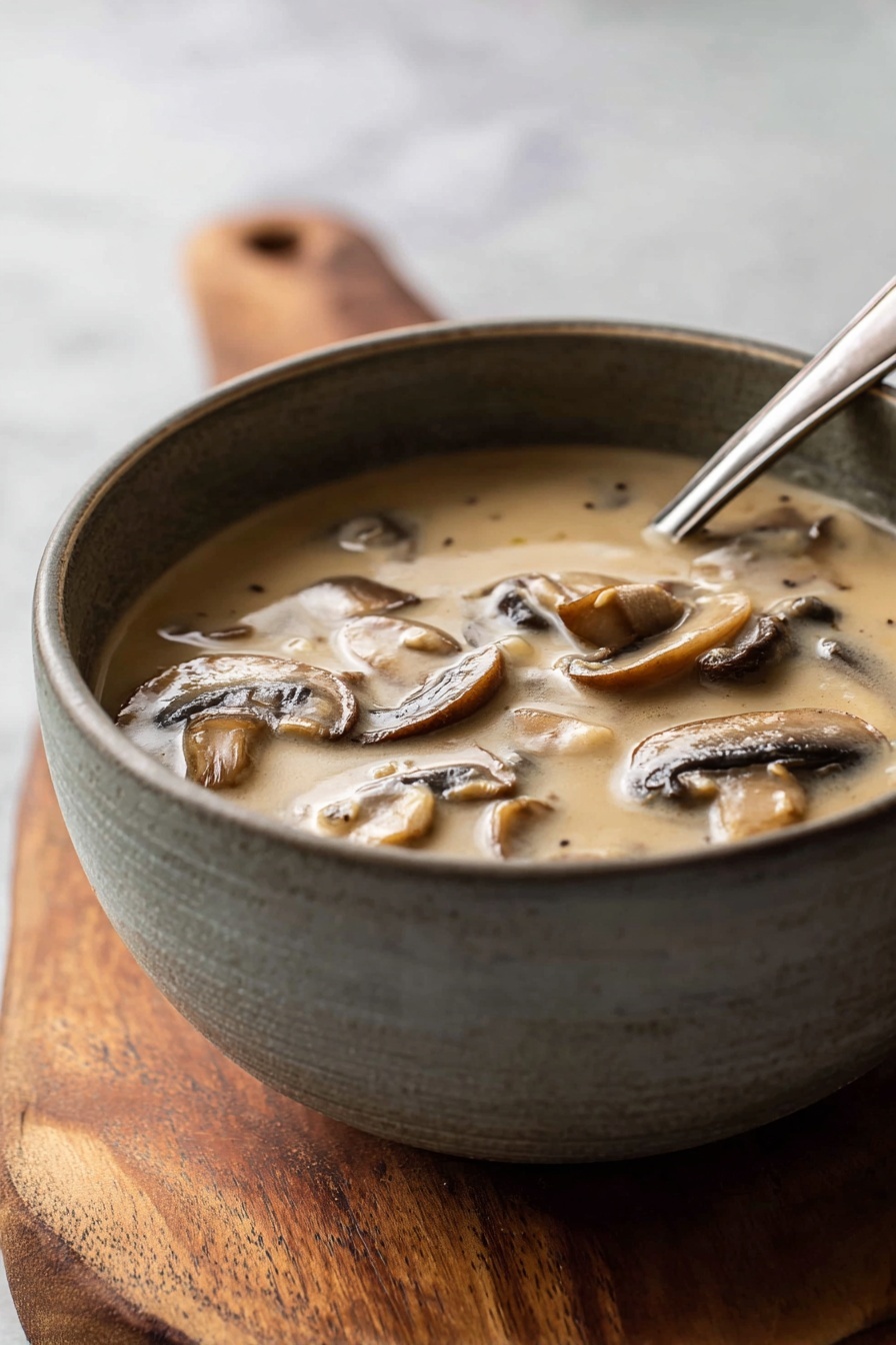 A bowl of mushroom soup with a spoon in it.