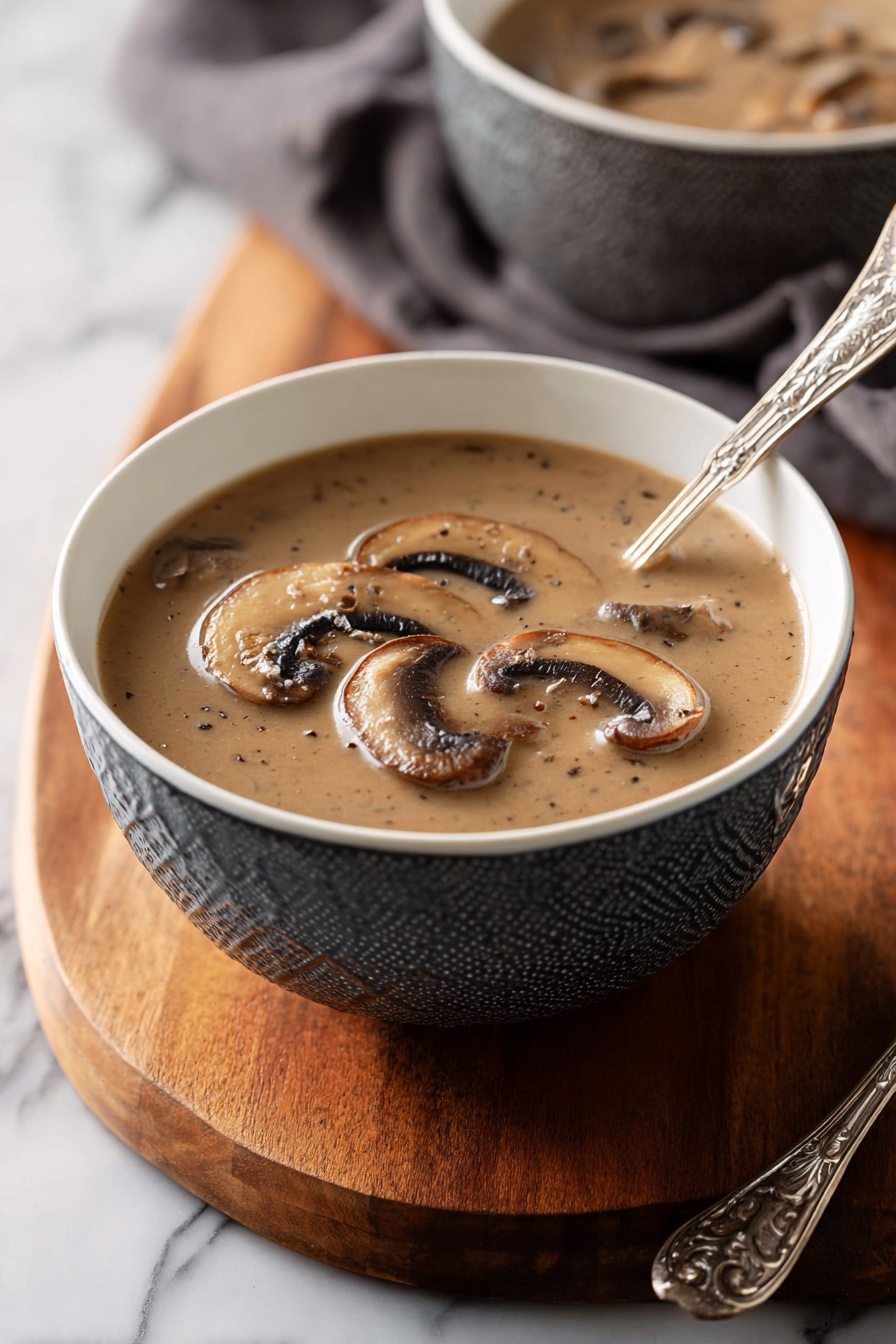 A bowl of soup with a spoon in it.