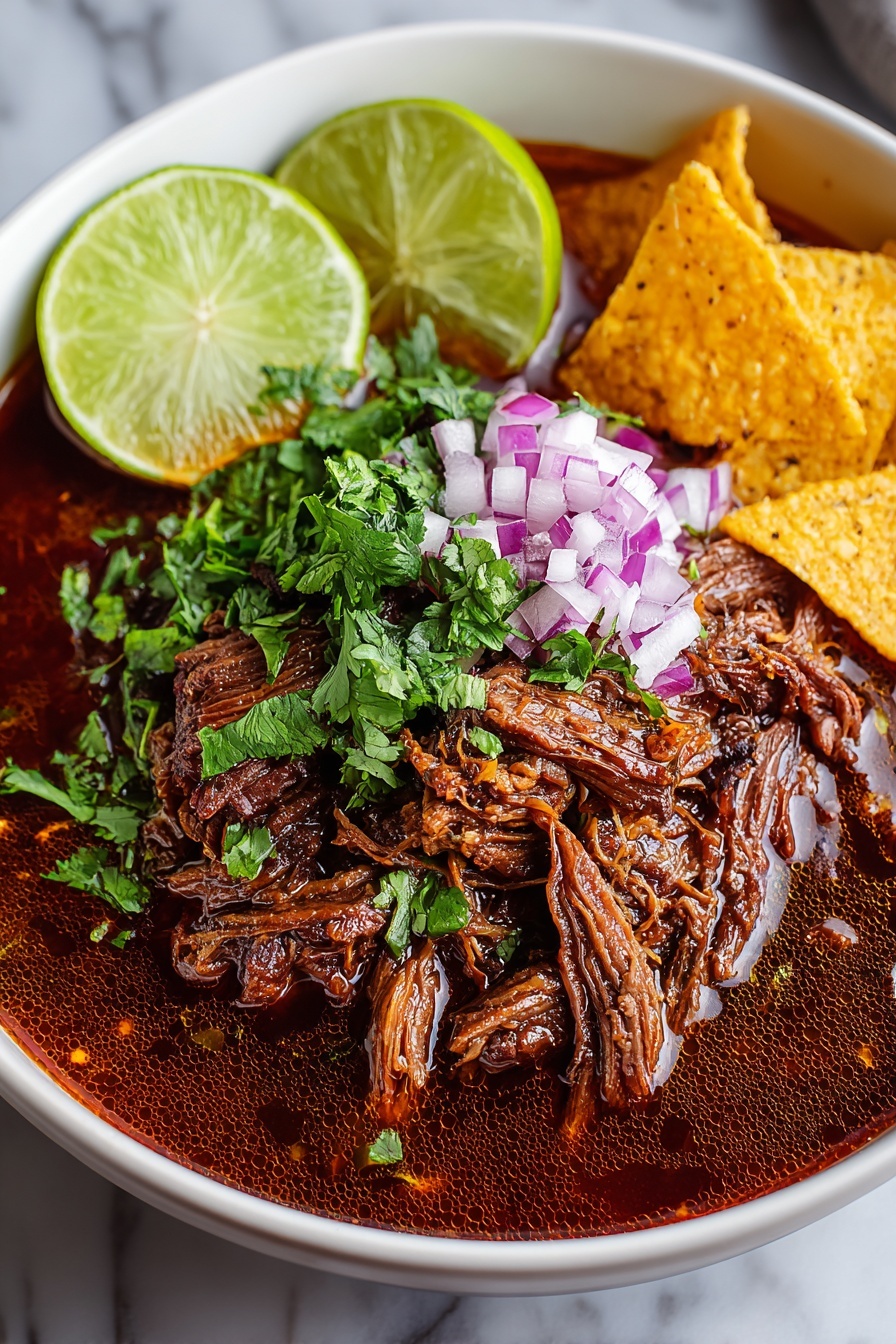 A plate of slow cooker beef birria with onions and limes.