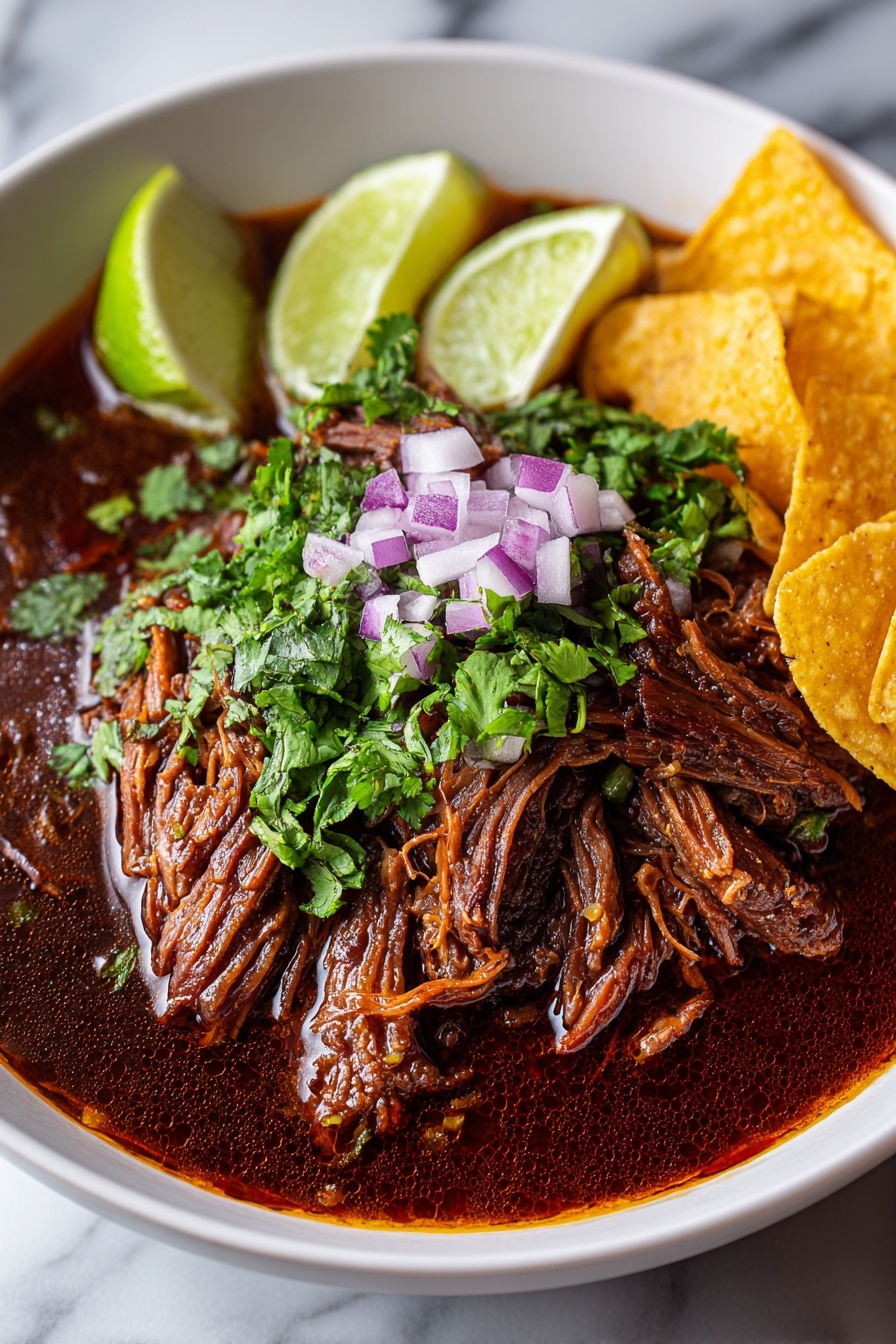 A bowl of slow cooker beef birria with onions and limes.