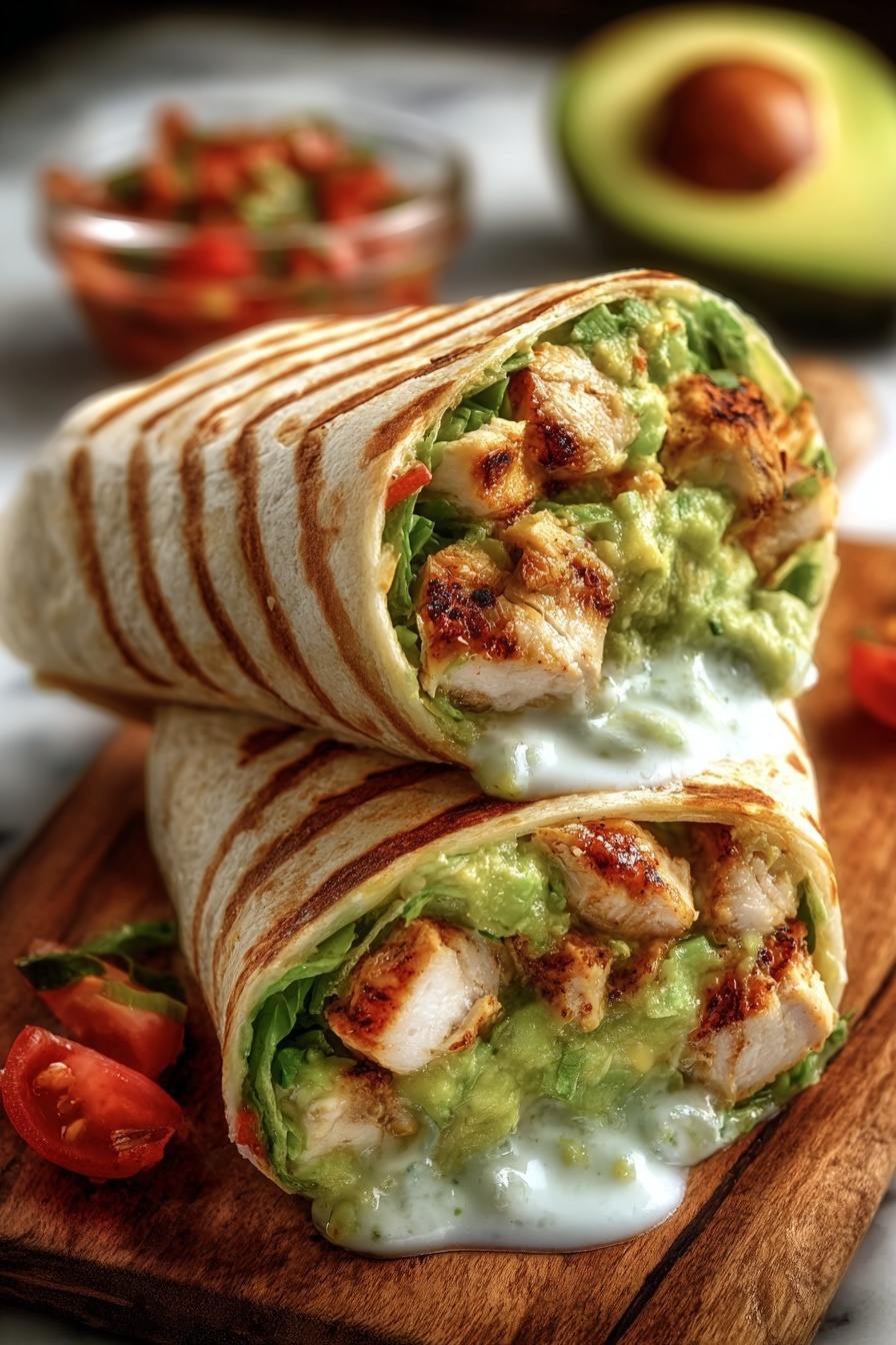 Two chicken avocado ranch burritos on a wooden table.