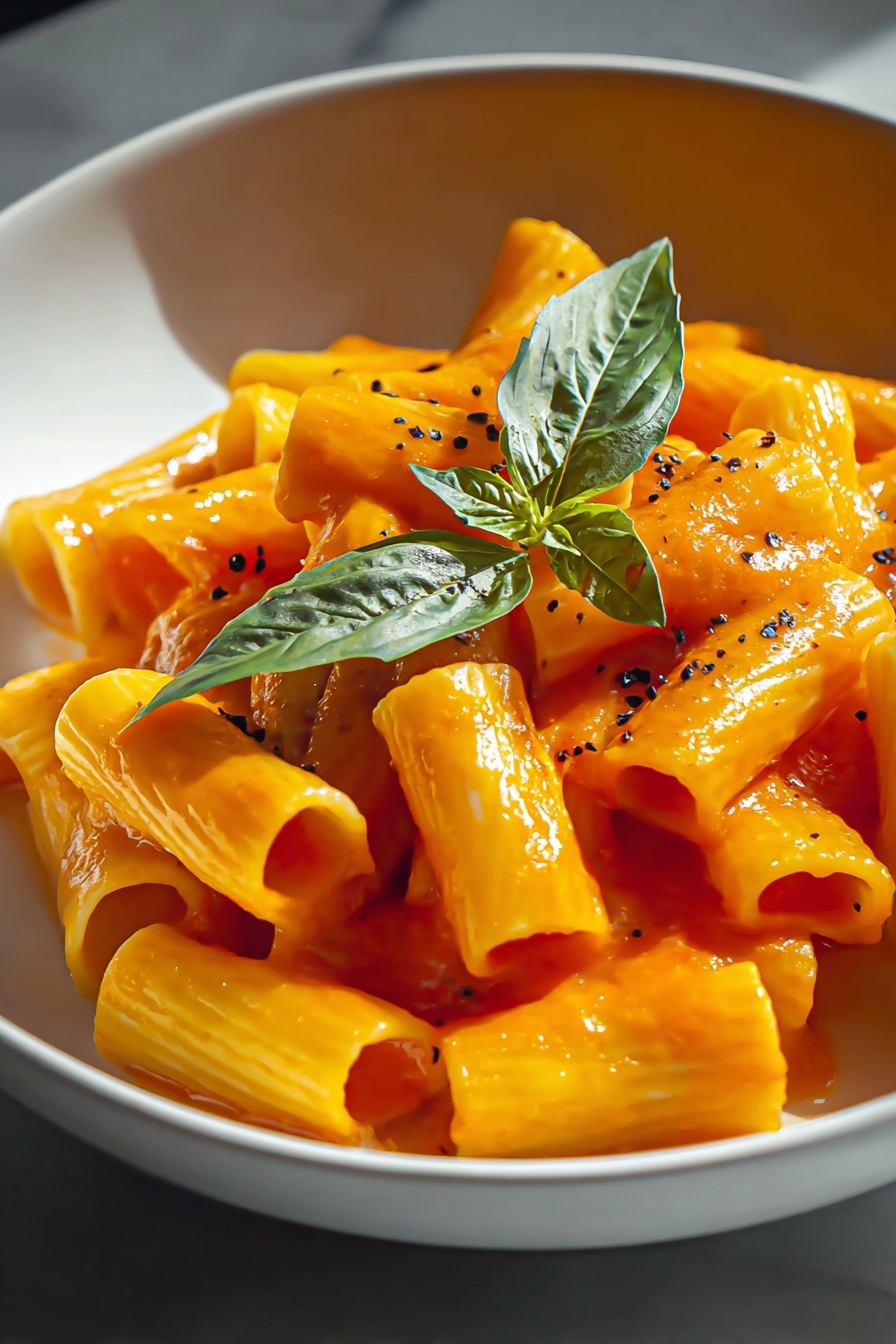 A plate of pasta with a green herb on top.