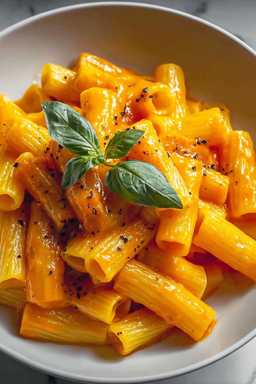 A plate of pasta with a green leaf on top.