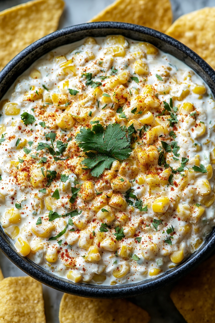 A bowl of Mexican street corn dip.