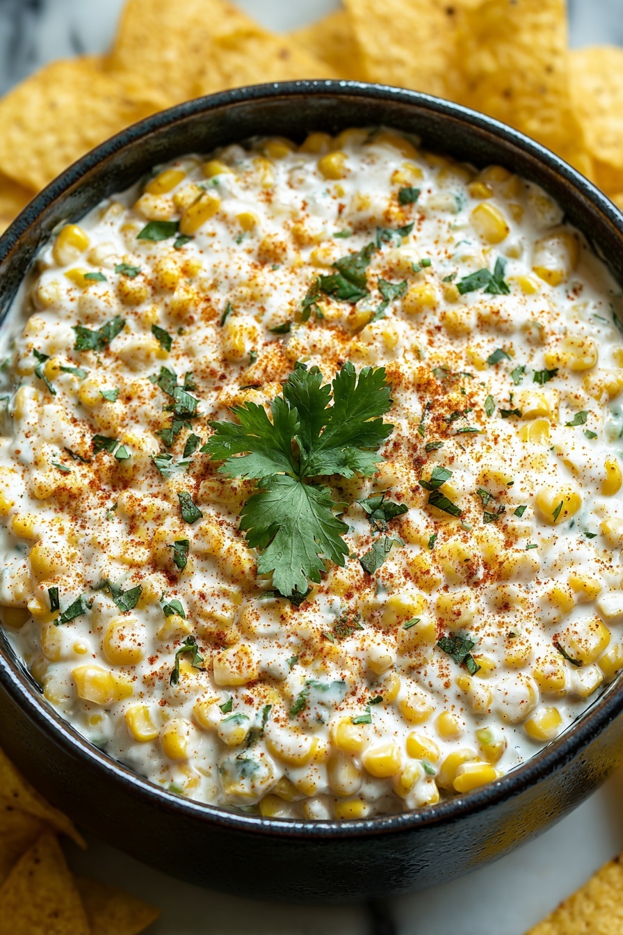 A bowl of Mexican street corn dip with a cilantro garnish.