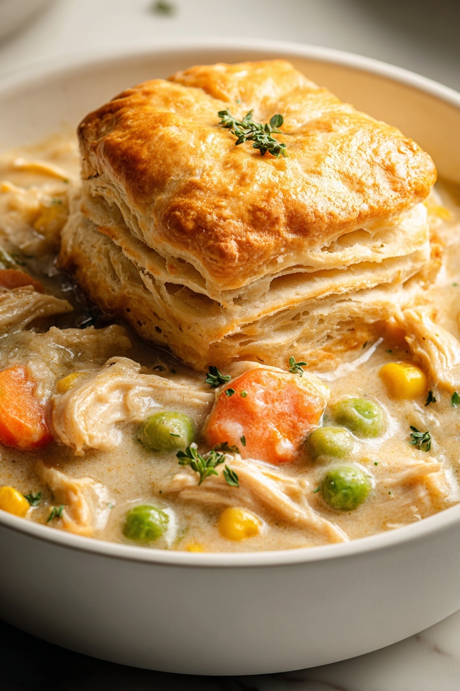 A bowl of chicken pot pie with a pastry on top.