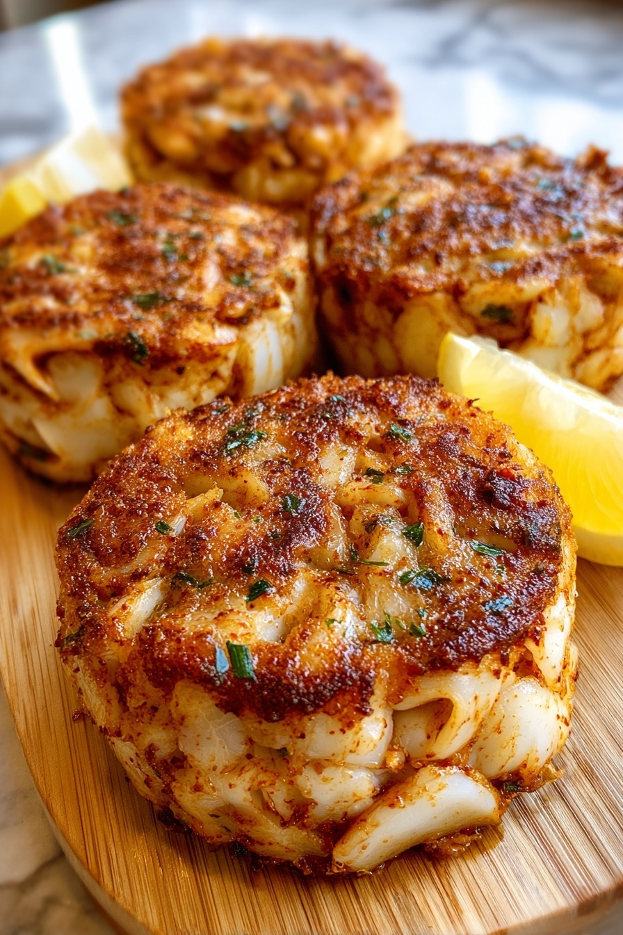 Crab cakes on a wooden cutting board.