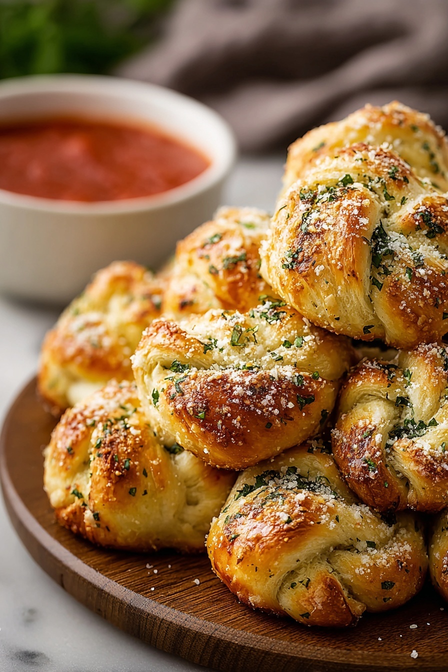 Garlic knots with cheese and sauce.