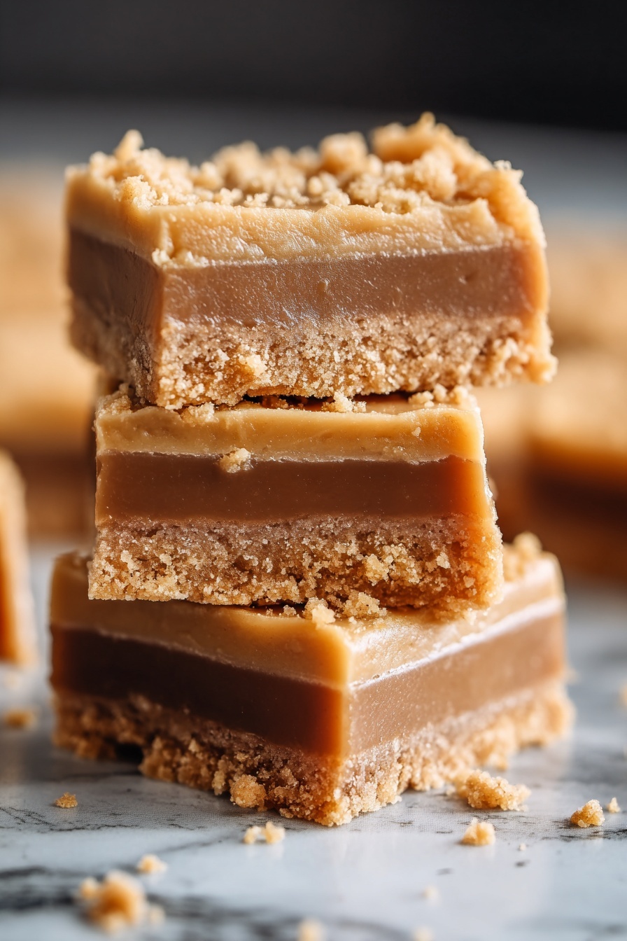 Peanut butter bars stacked on top of each other.