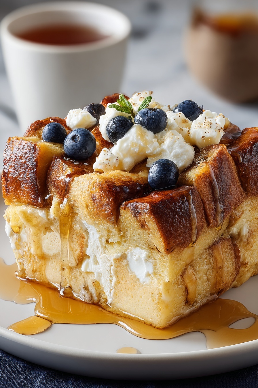 A slice of overnight cream cheese french toast bake.