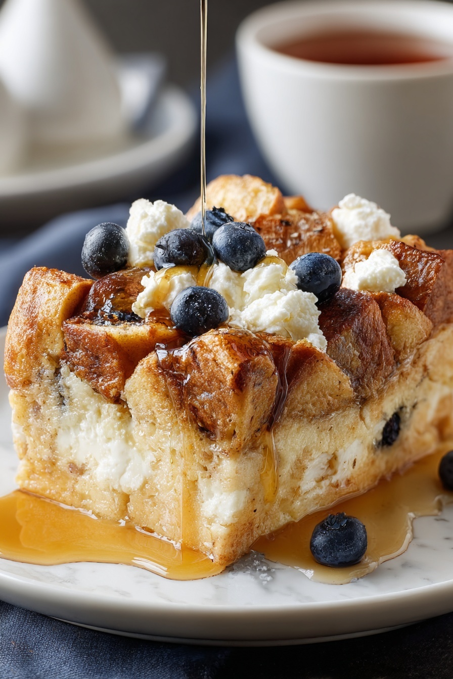 A slice of French toast with blueberries and whipped cream.