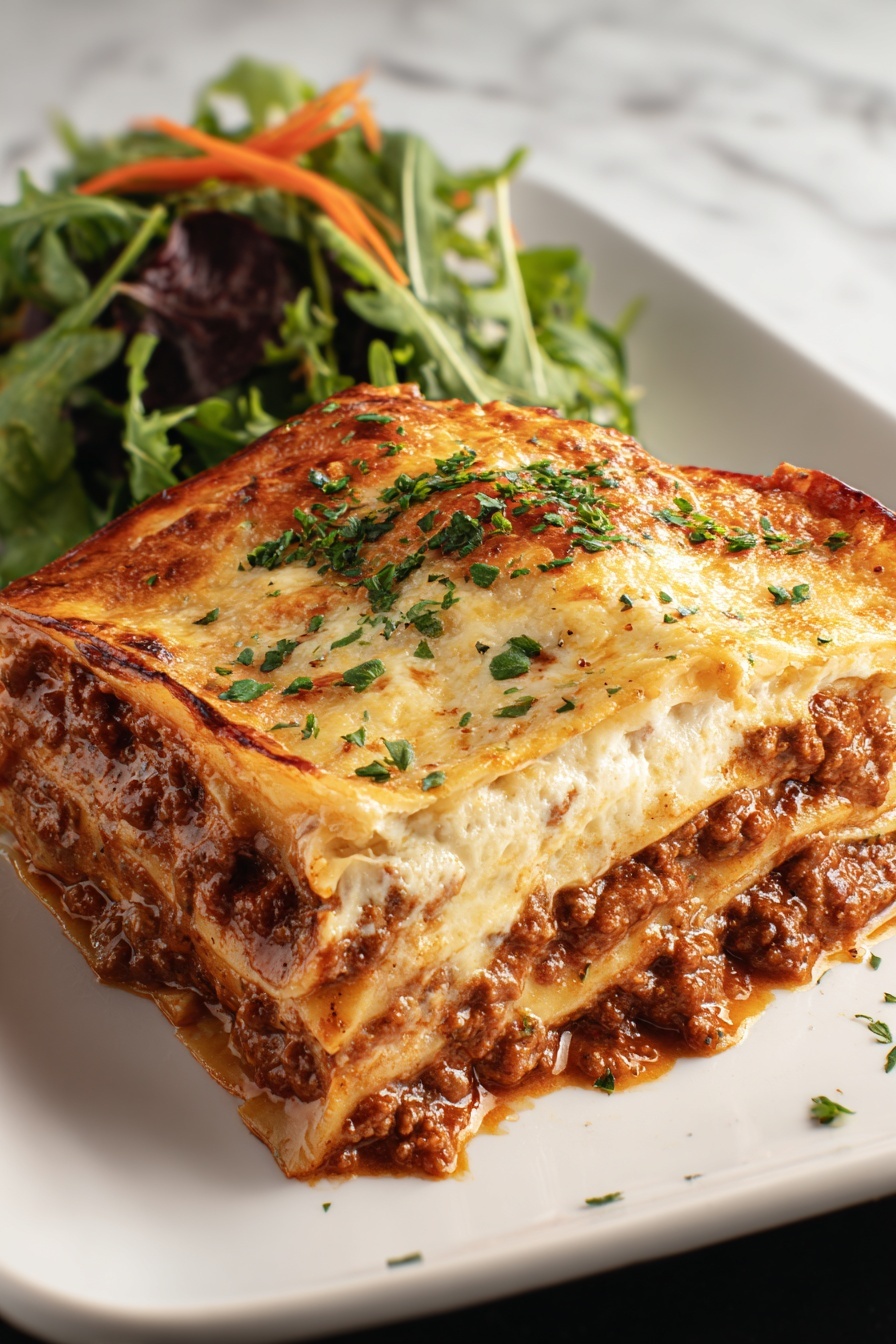A slice of gluten free high protein lasagna.