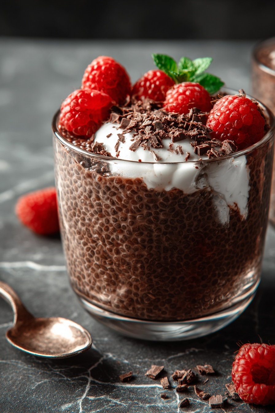 A glass of chocolate chia pudding with raspberries on top.