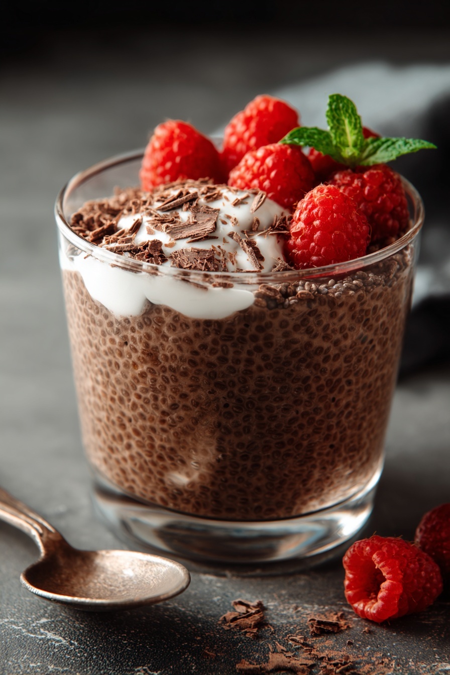 A glass of chocolate chia pudding with strawberries on top.
