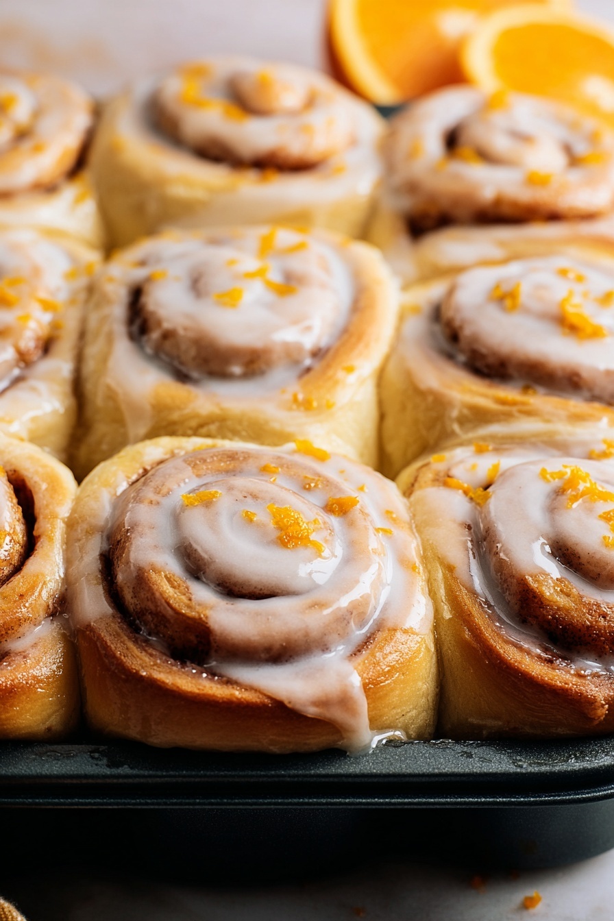 A tray of orange rolls with icing.