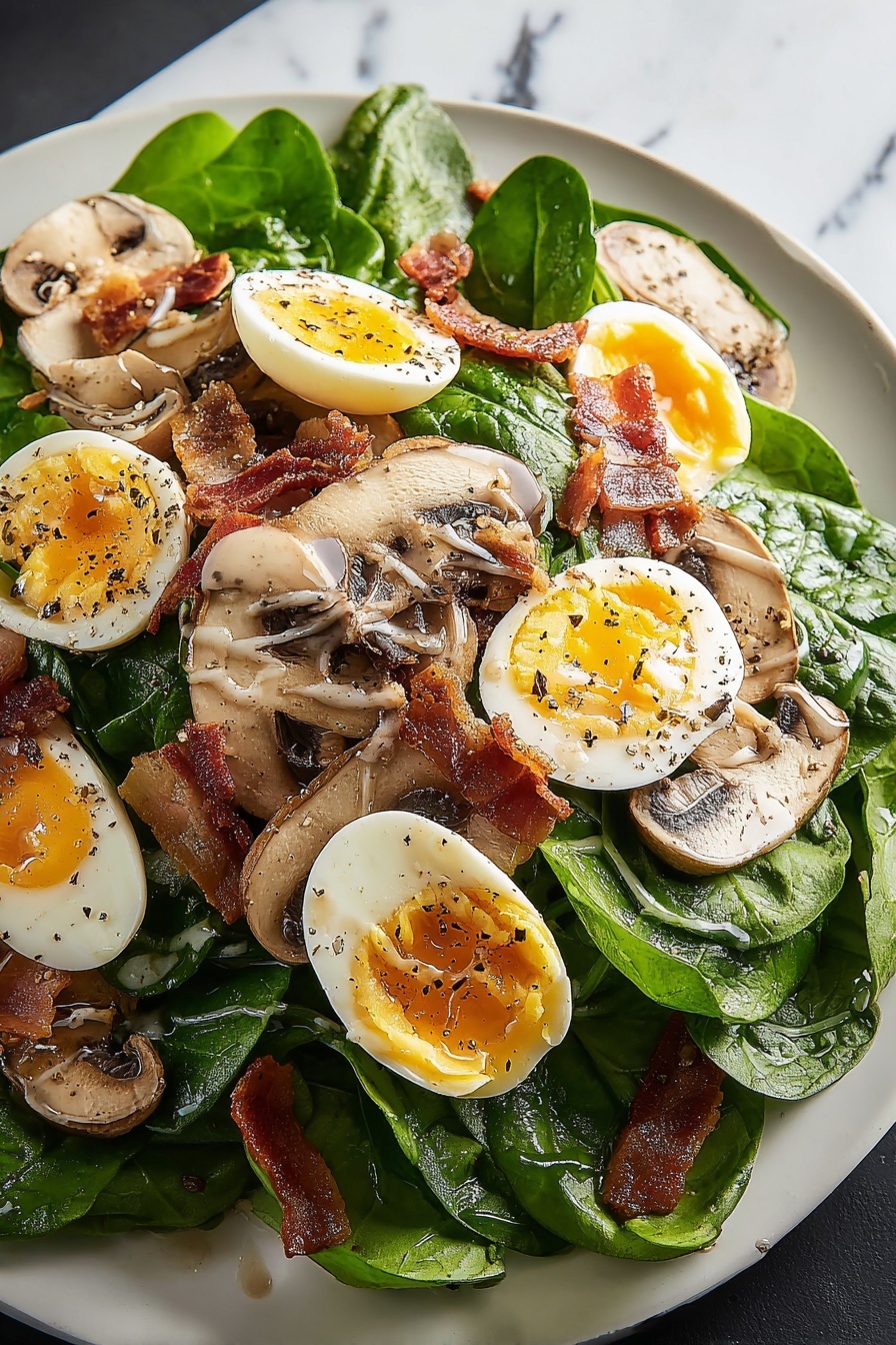 A plate of spinach salad with mushrooms, bacon and swiss cheese.