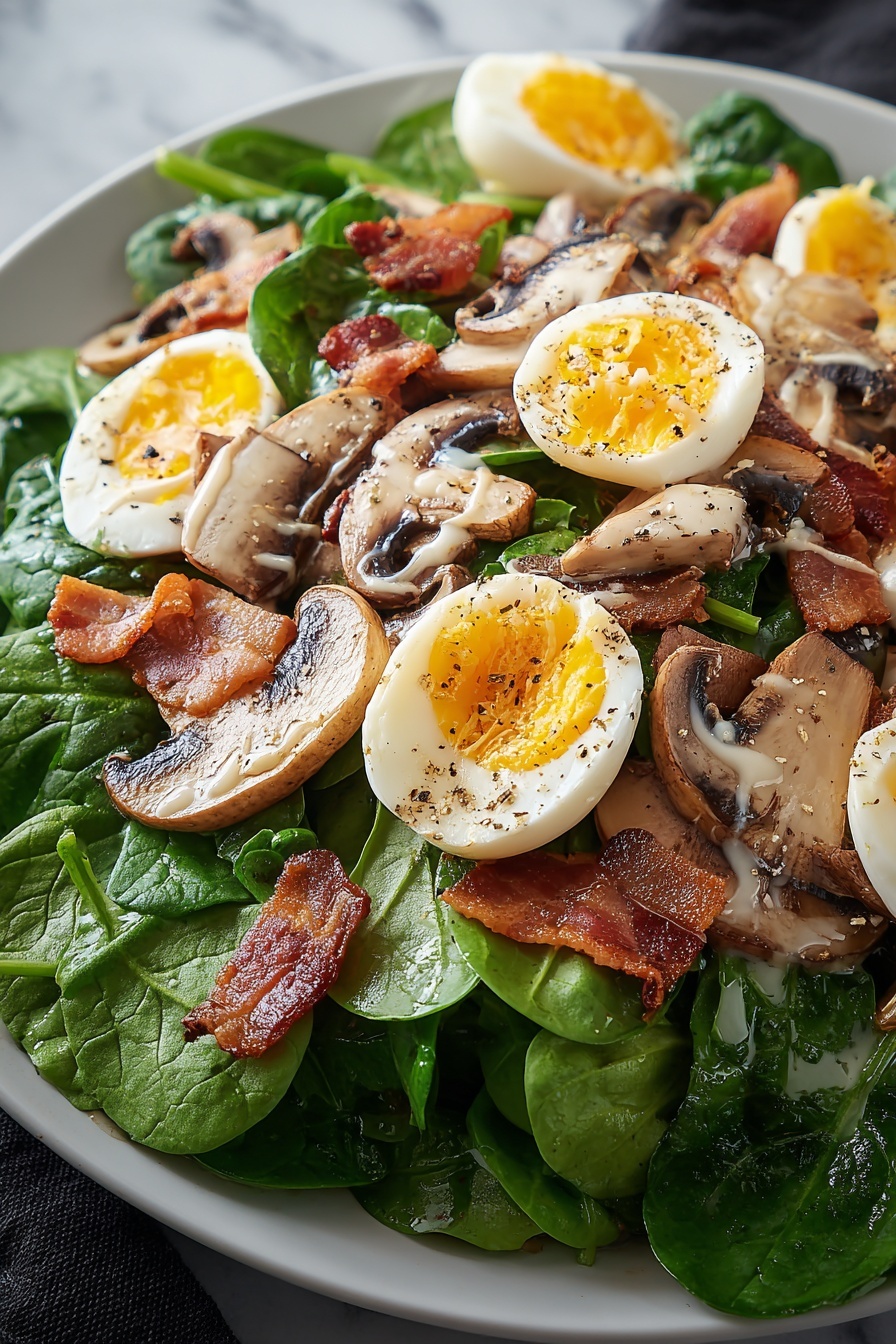A salad with mushrooms, bacon, and swiss cheese.