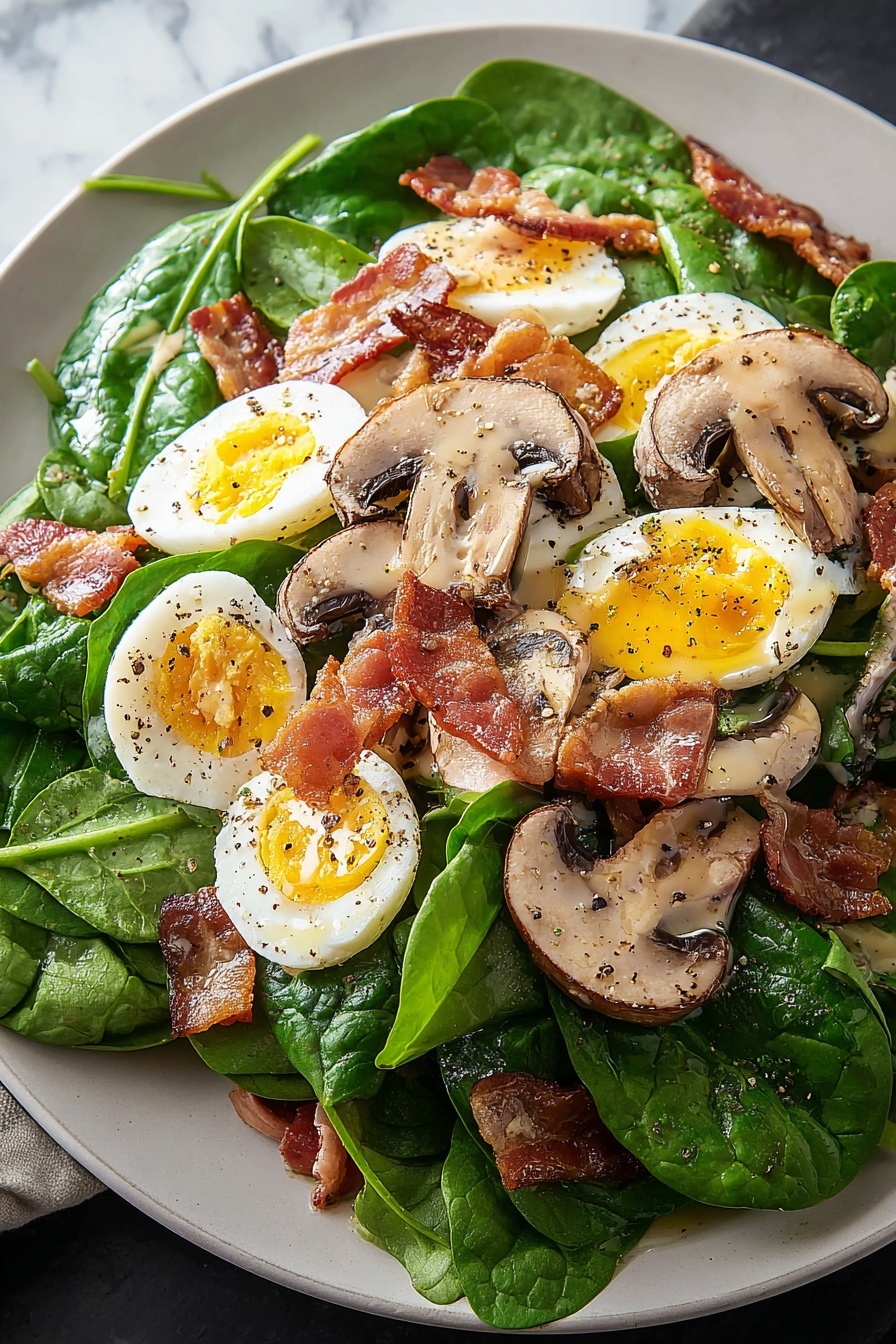 A plate of spinach salad with mushrooms, bacon and swiss cheese.