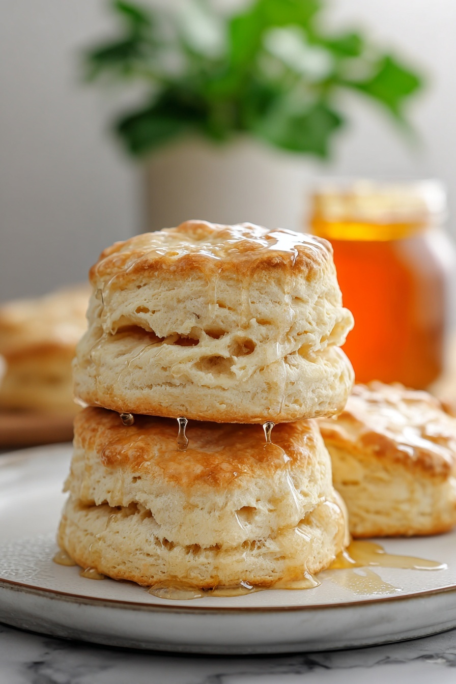 Biscuits with butter and honey on a plate.