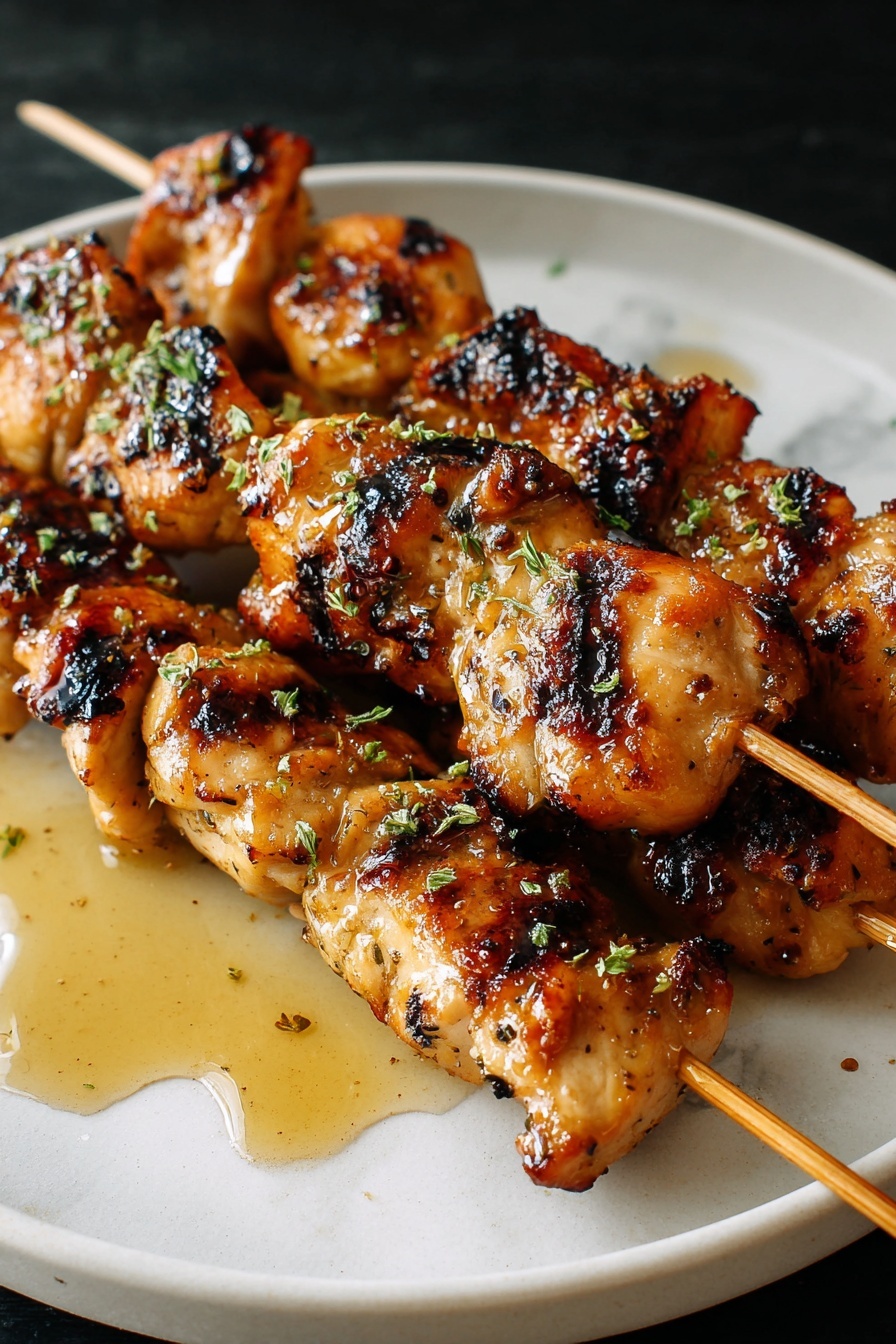 A plate of honey garlic chicken kabobs.