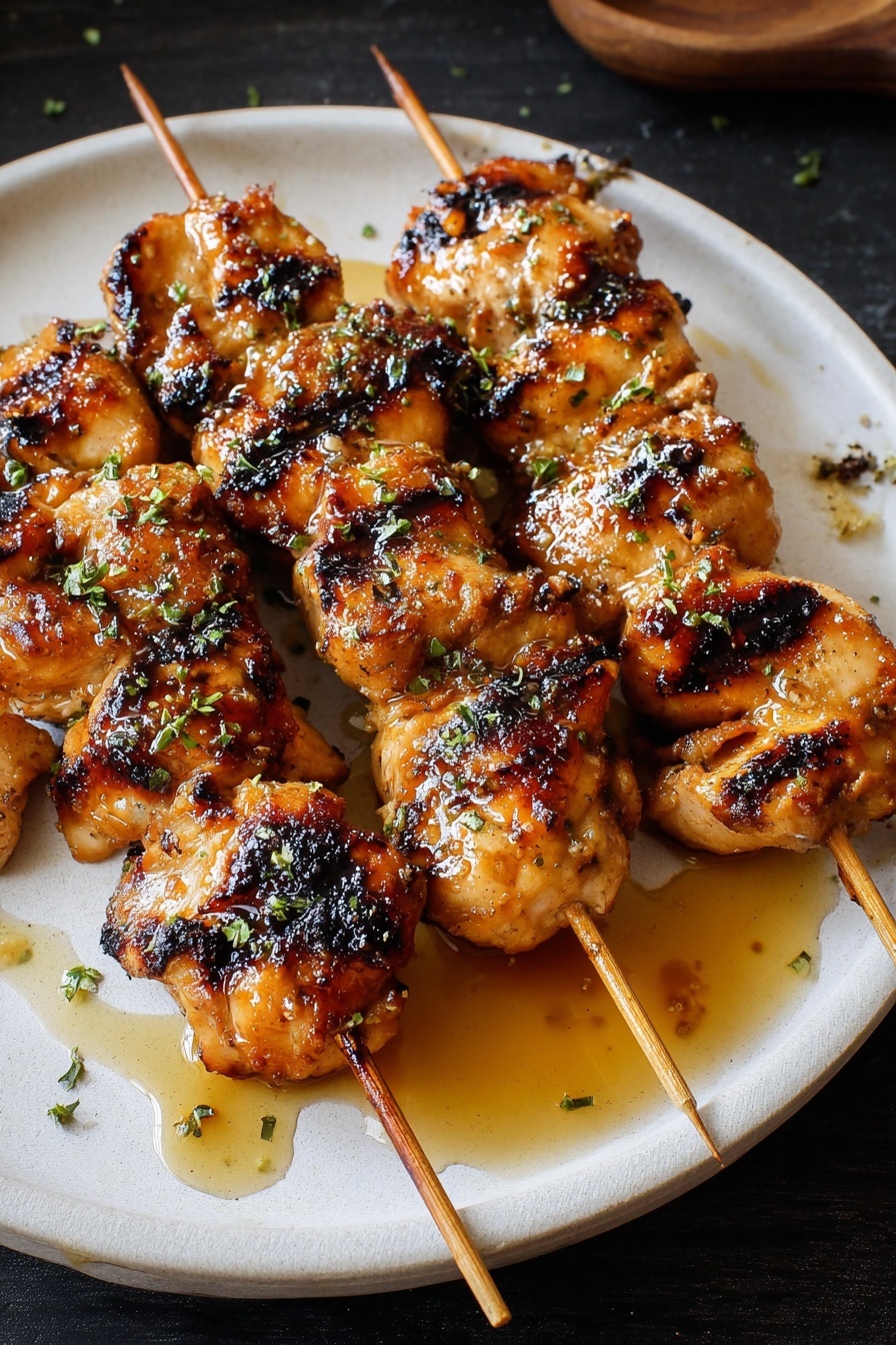 A plate of honey garlic chicken kabobs.