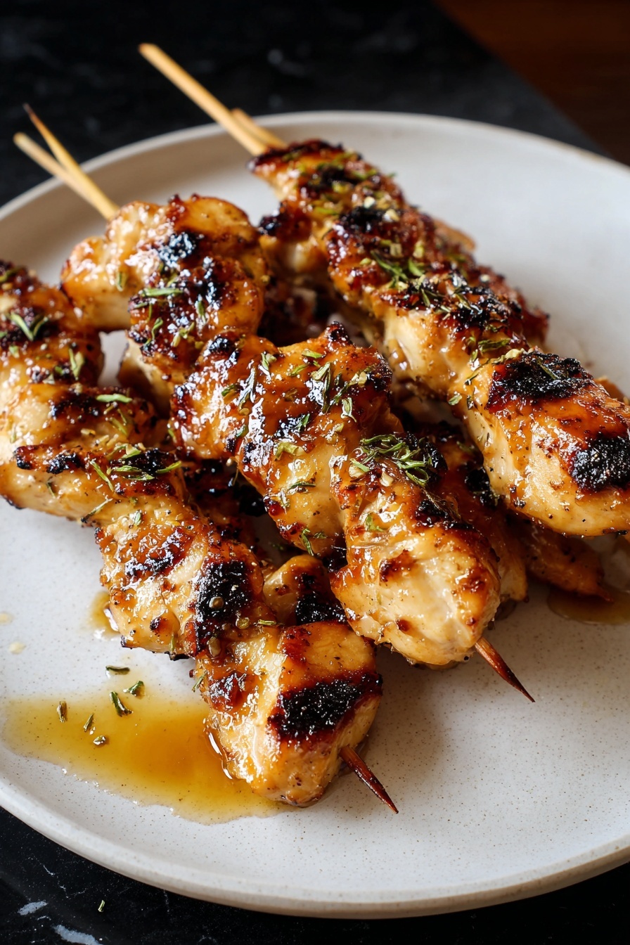 A plate of honey garlic chicken kabobs.