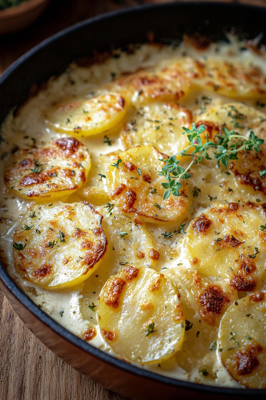 A dish of gratin potatoes with cheese and herbs.