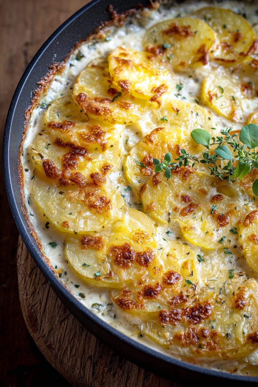 A dish of gratin potatoes.