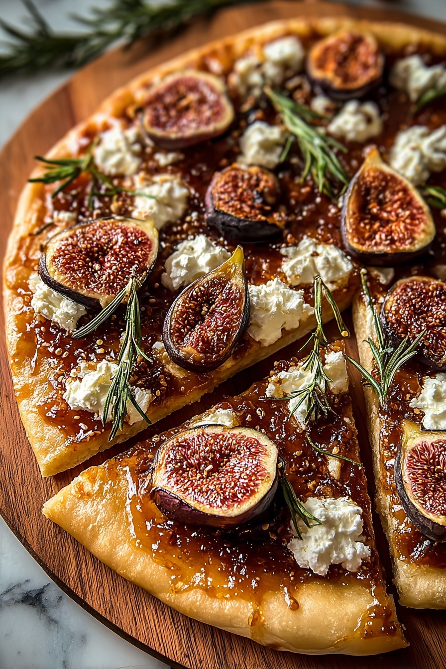 A pizza with figs and feta cheese.